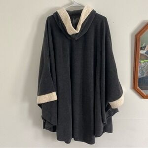Le Moda Charcoal Gray Sherpa Lined Hooded Poncho Cape One Button Closure Pockets